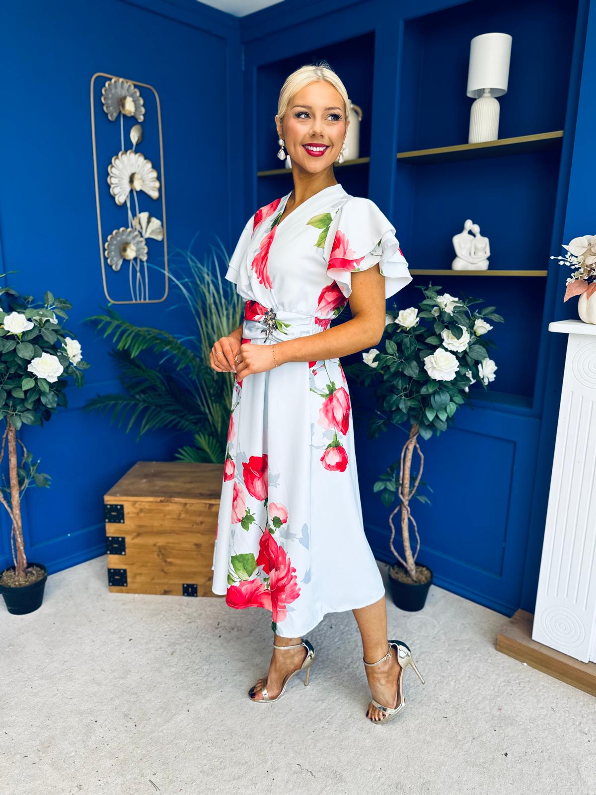 Blaire Frill Sleeve Midi Dress Floral Blue