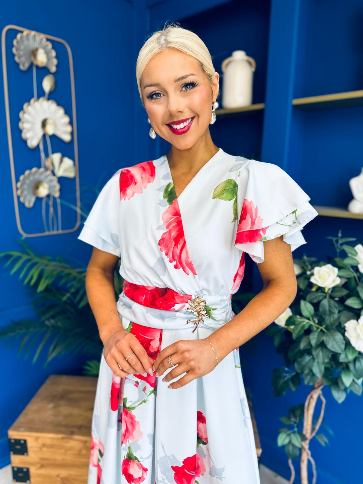 Blaire Frill Sleeve Midi Dress Floral Blue