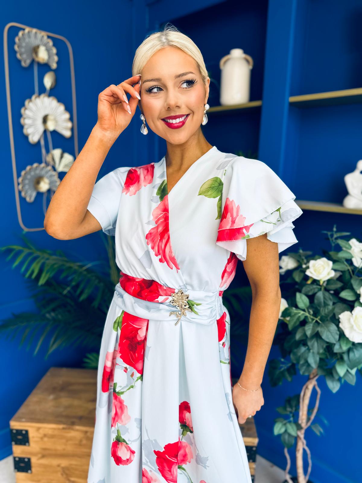 Blaire Frill Sleeve Midi Dress Floral Blue