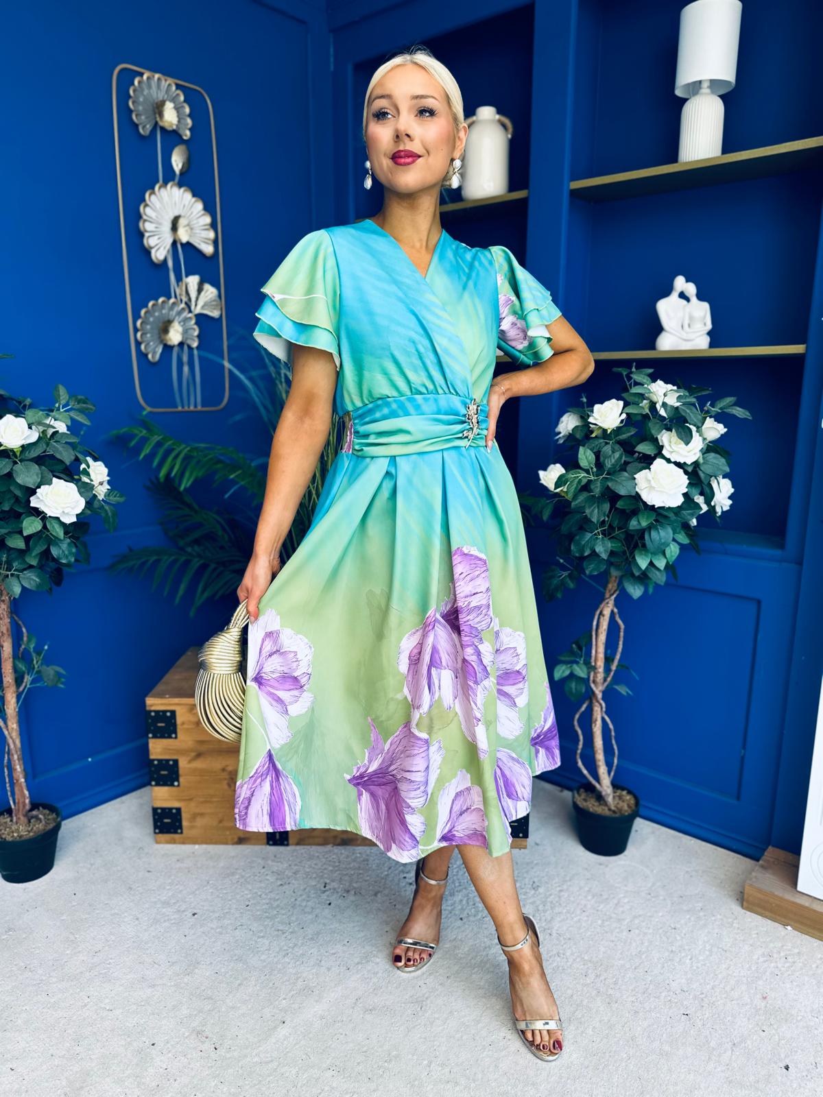 Blaire Frill Sleeve Midi Dress Floral Green