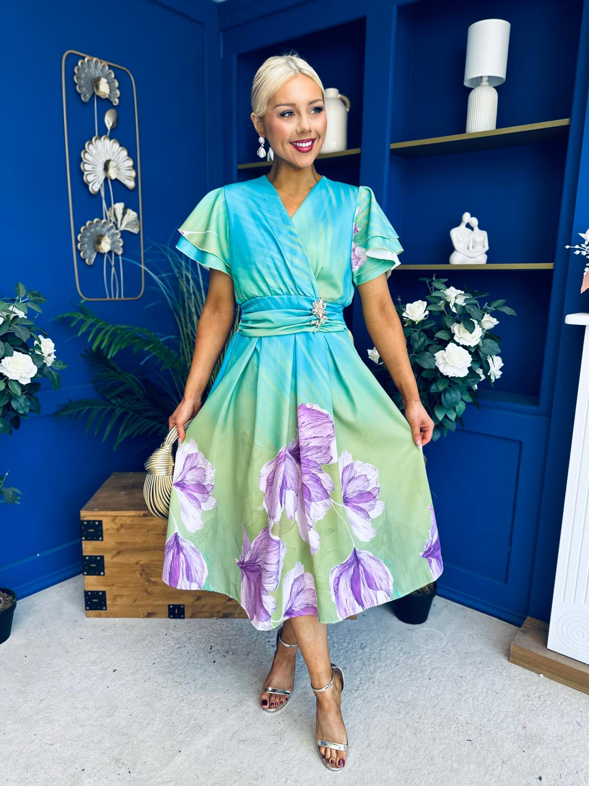 Blaire Frill Sleeve Midi Dress Floral Green