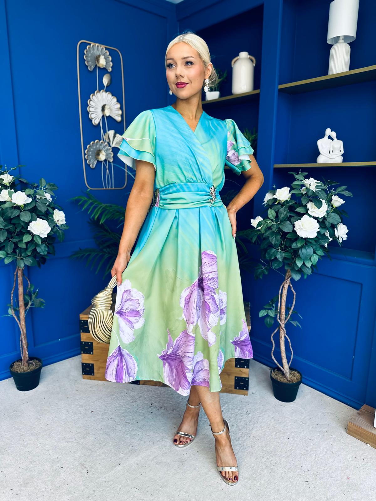 Blaire Frill Sleeve Midi Dress Floral Green
