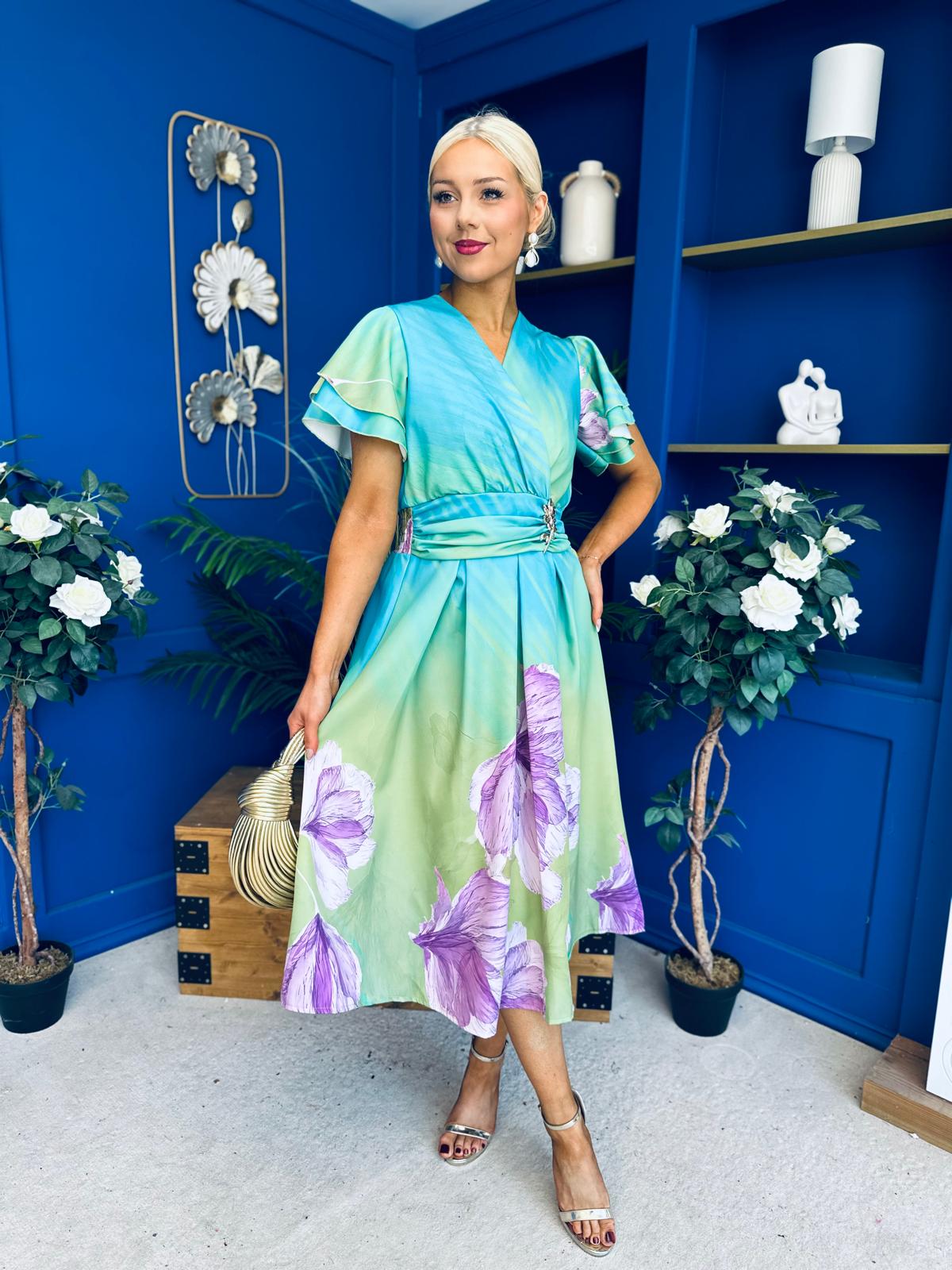 Blaire Frill Sleeve Midi Dress Floral Green