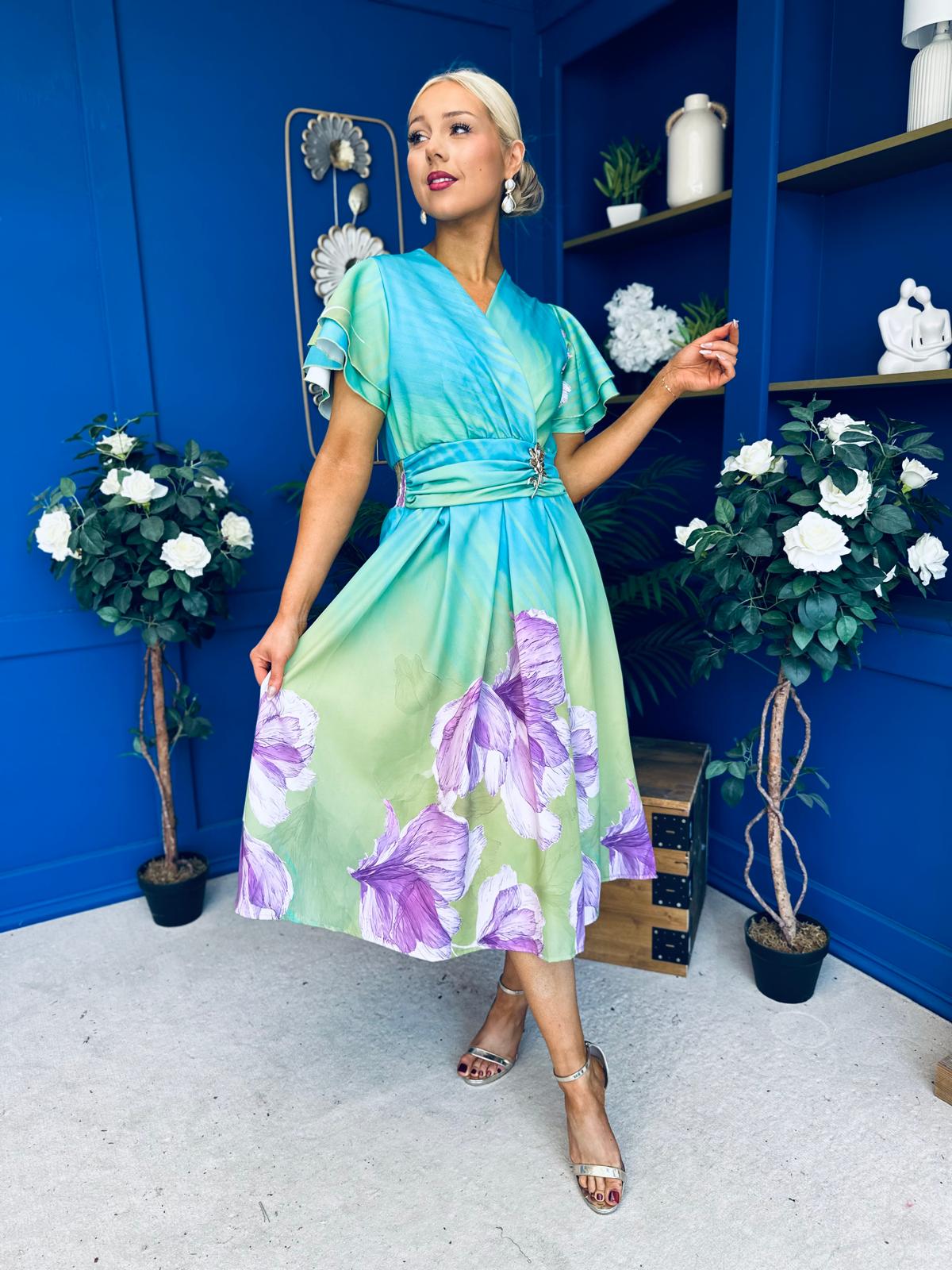 Blaire Frill Sleeve Midi Dress Floral Green