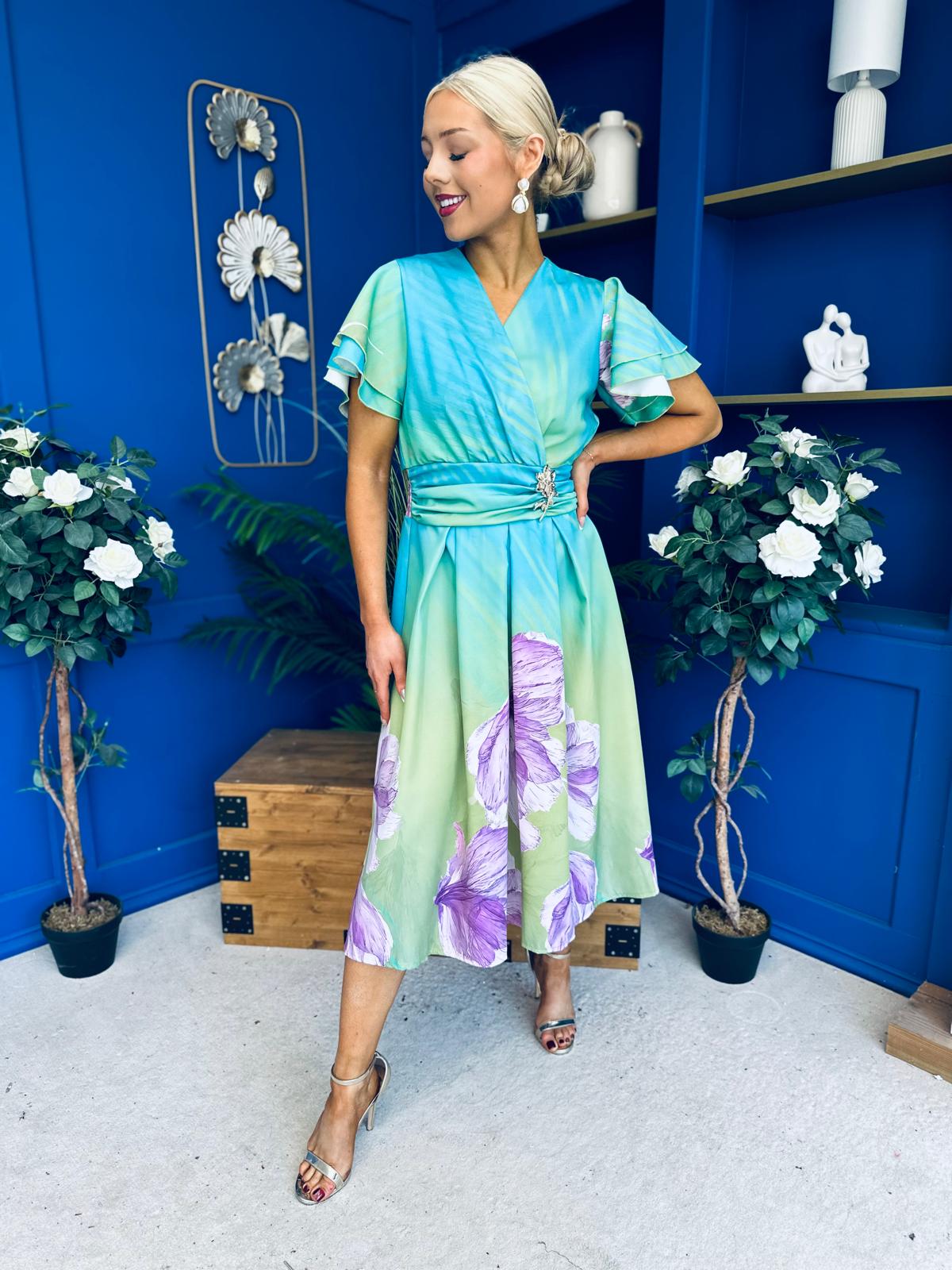 Blaire Frill Sleeve Midi Dress Floral Green