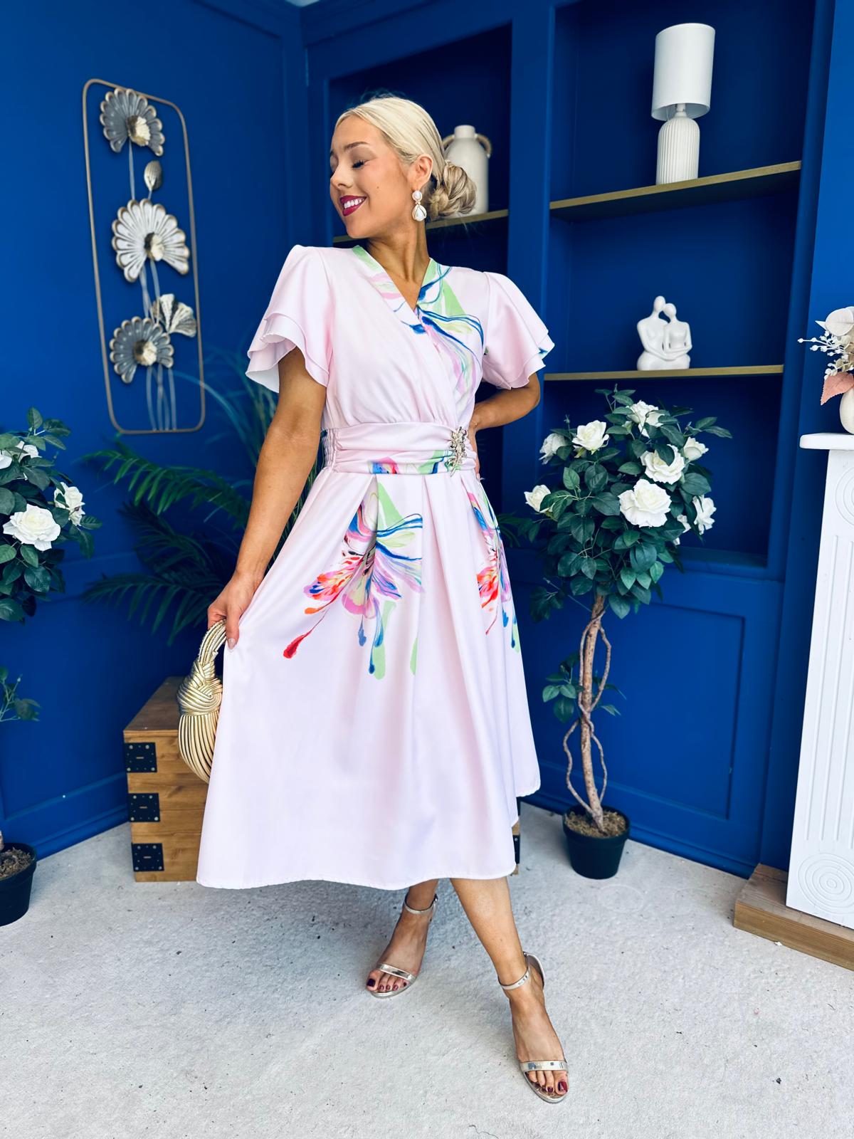 Blaire Frill Sleeve Midi Dress Floral Pink