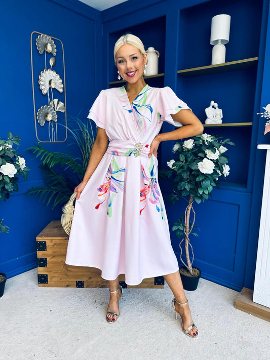 Blaire Frill Sleeve Midi Dress Floral Pink