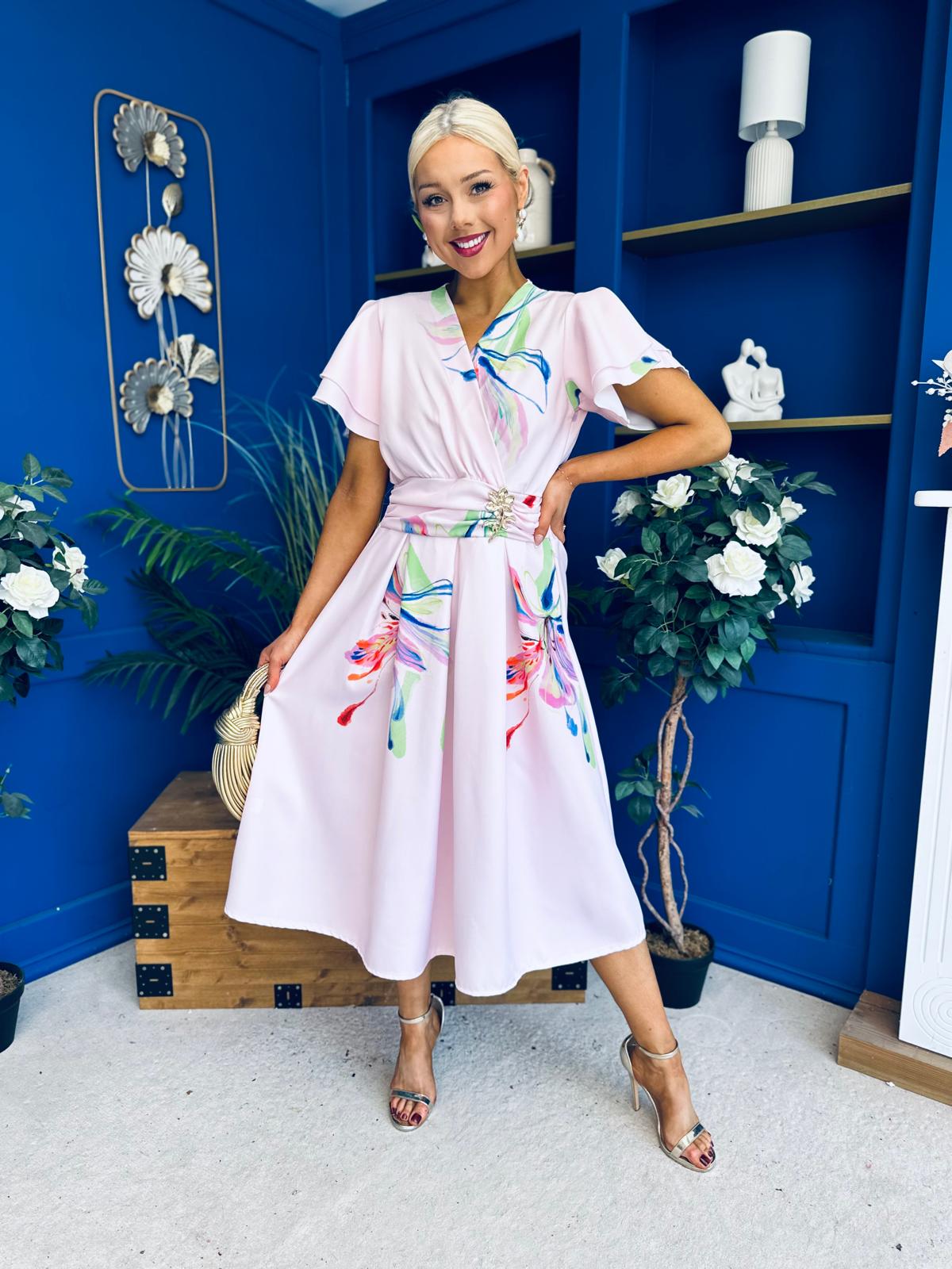 Blaire Frill Sleeve Midi Dress Floral Pink