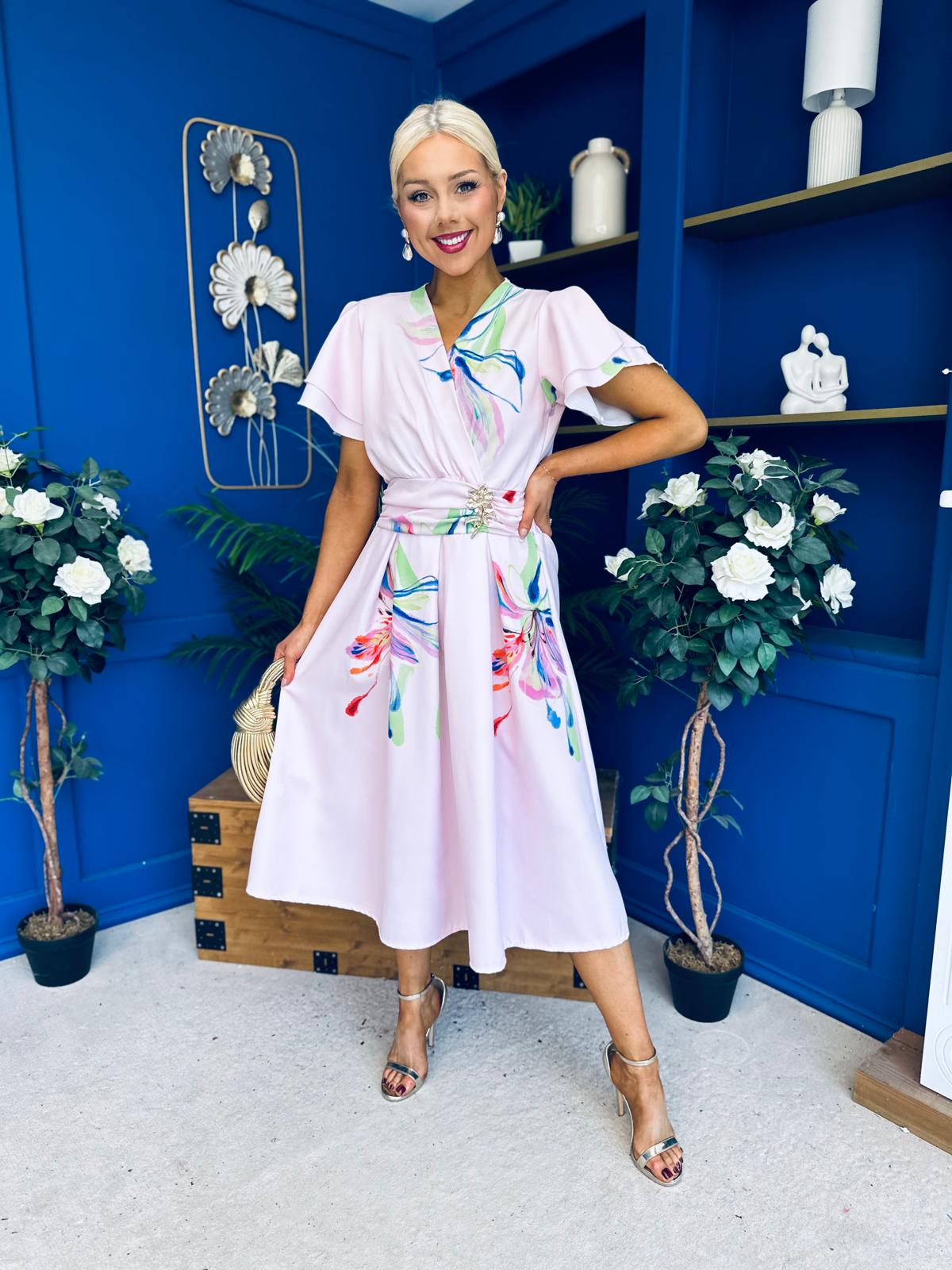 Blaire Frill Sleeve Midi Dress Floral Pink
