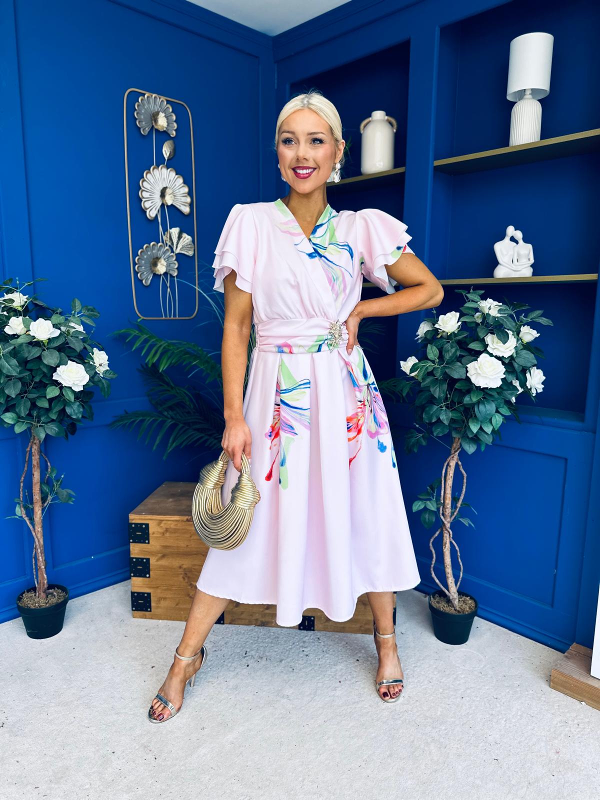 Blaire Frill Sleeve Midi Dress Floral Pink
