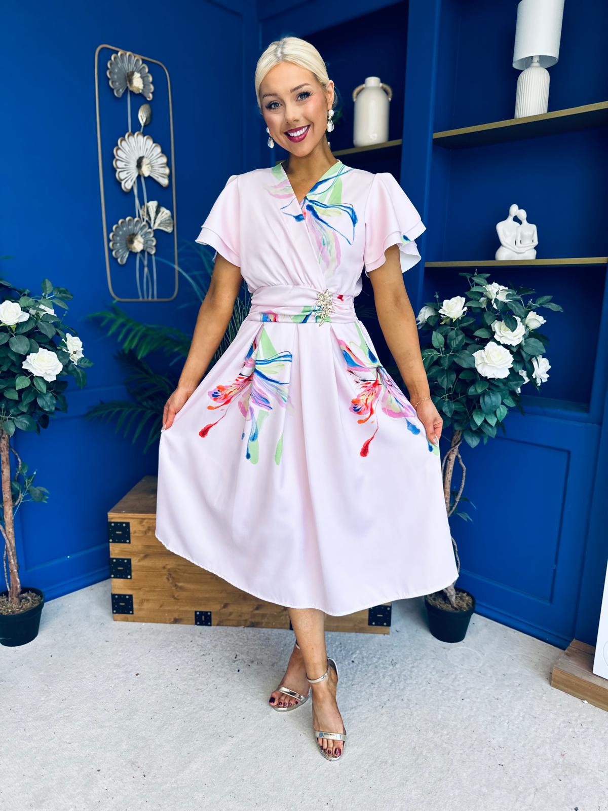 Blaire Frill Sleeve Midi Dress Floral Pink