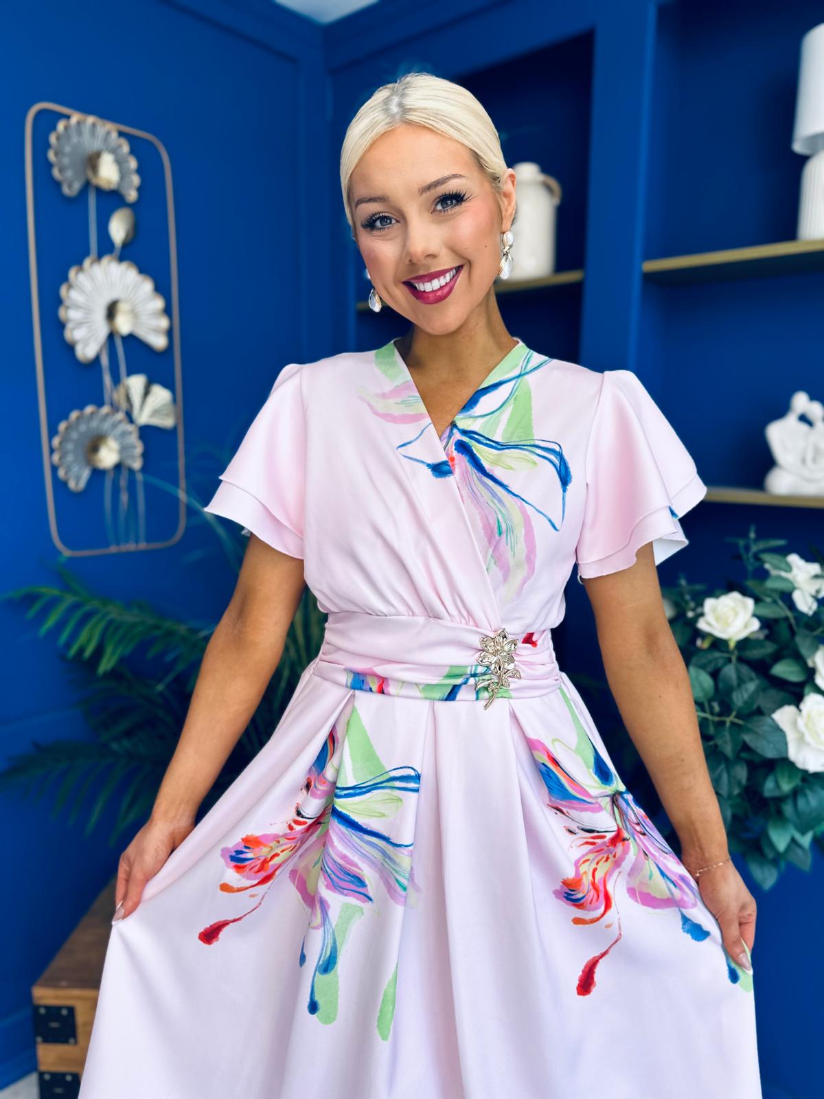 Blaire Frill Sleeve Midi Dress Floral Pink