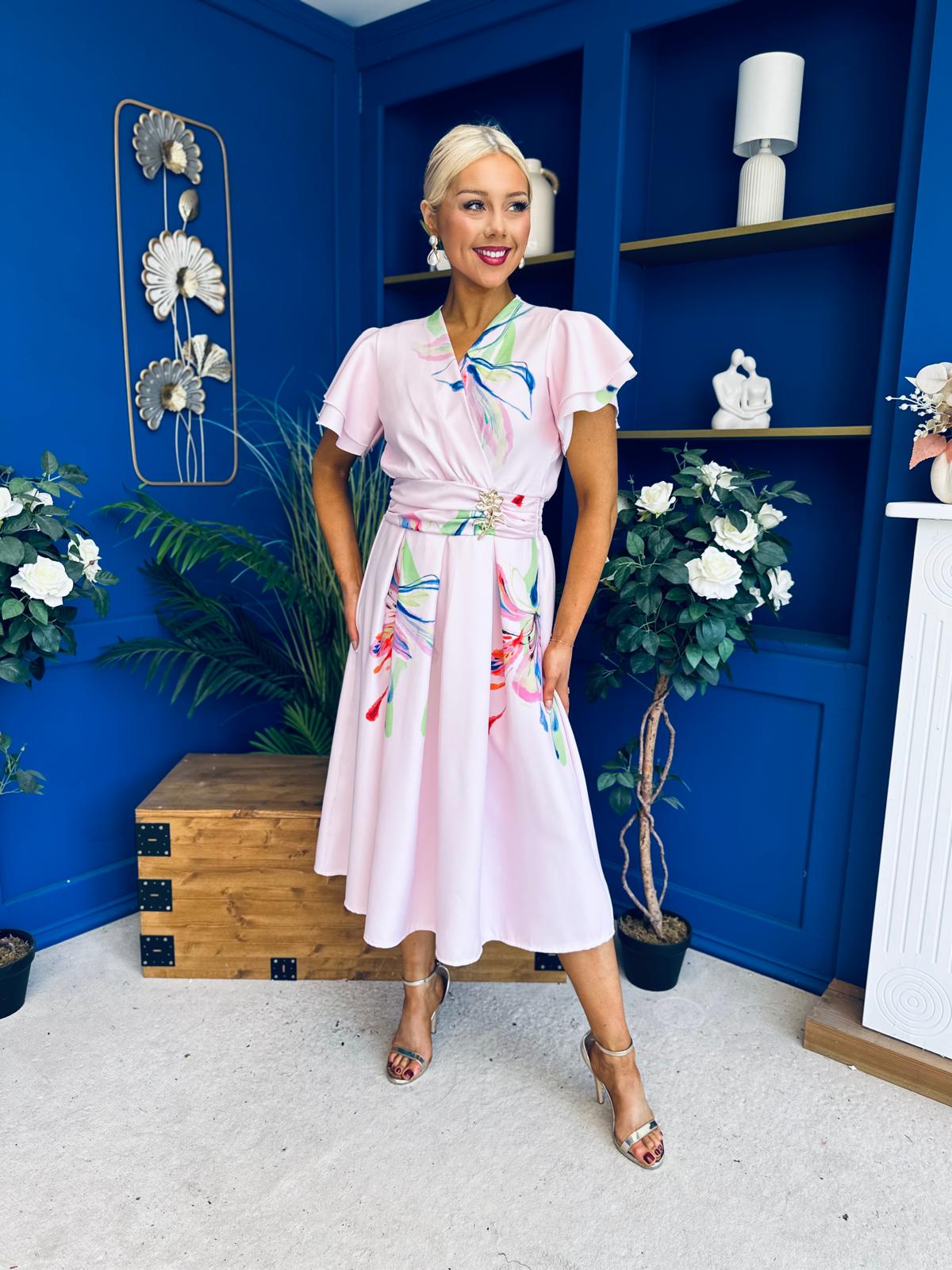 Blaire Frill Sleeve Midi Dress Floral Pink