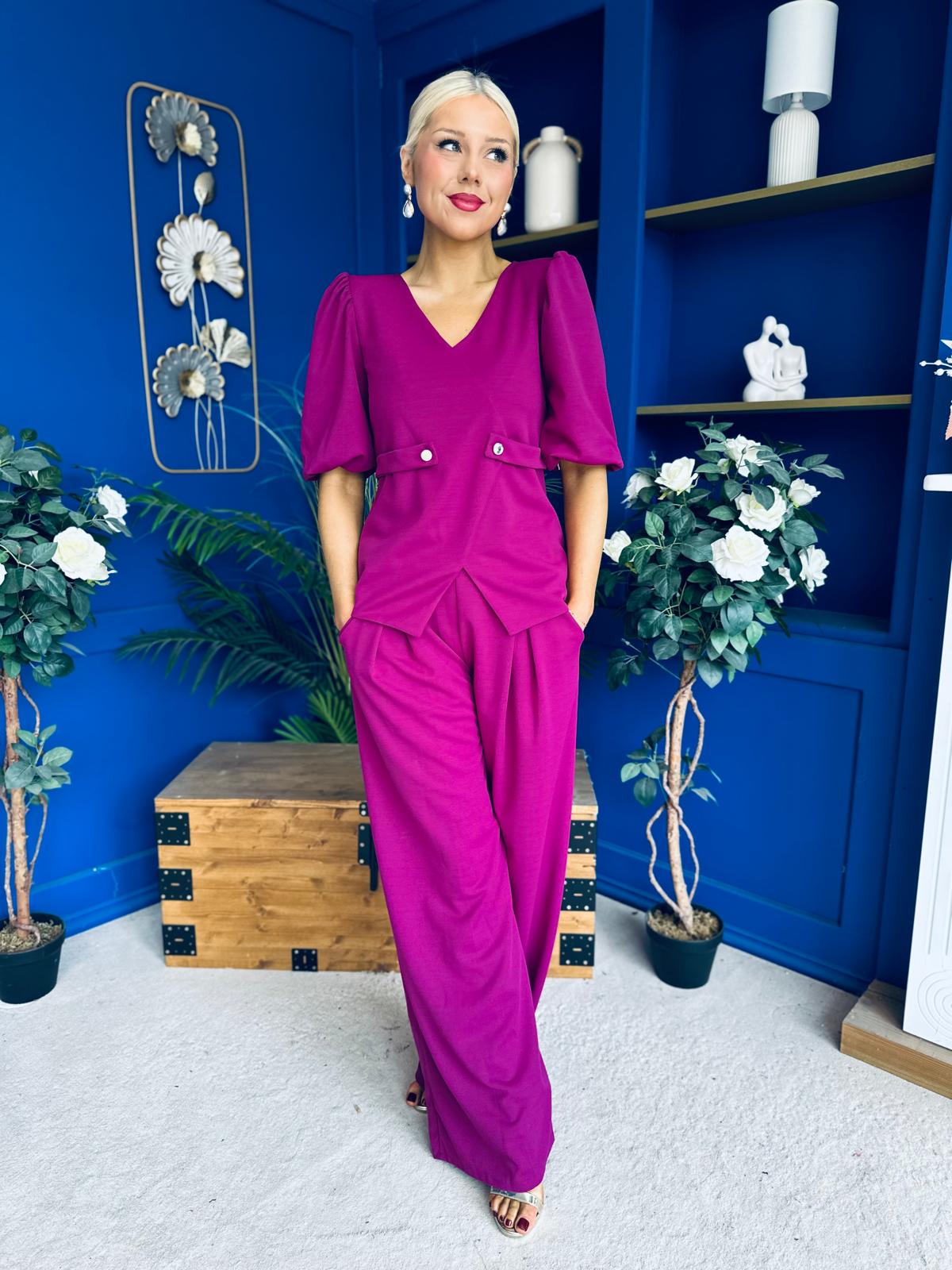 Clodagh Detailed Top And Trouser Set Berry