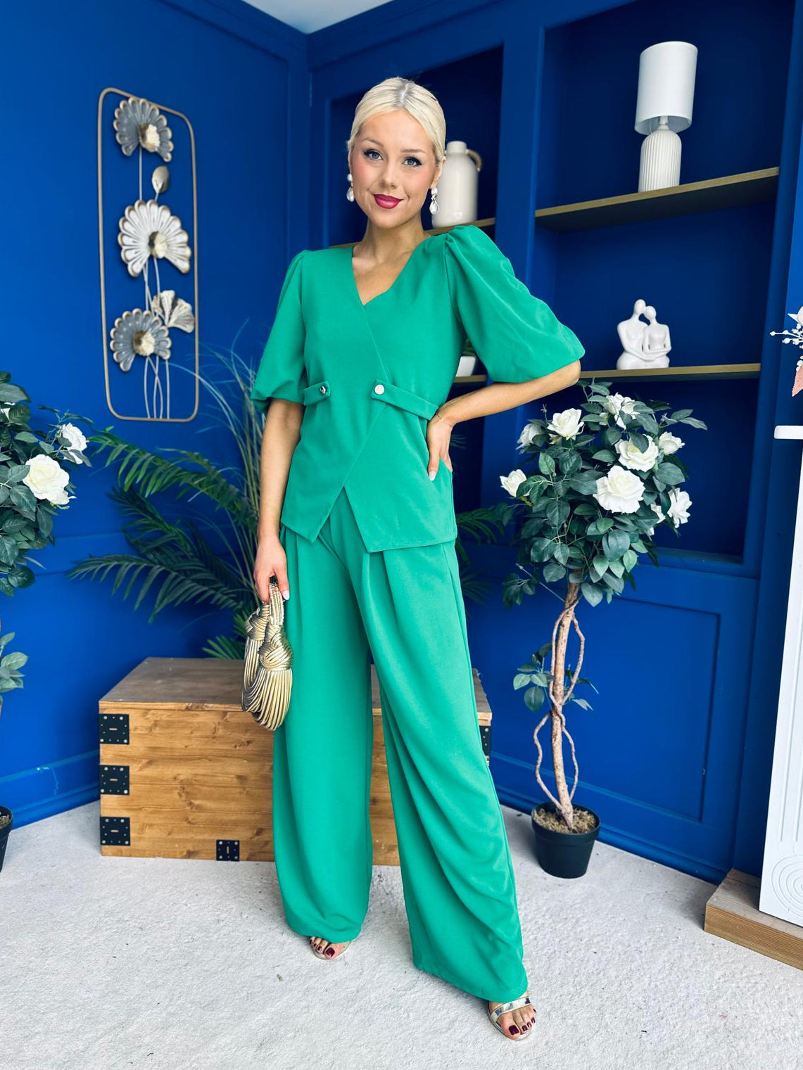Clodagh Detailed Top And Trouser Set Emerald