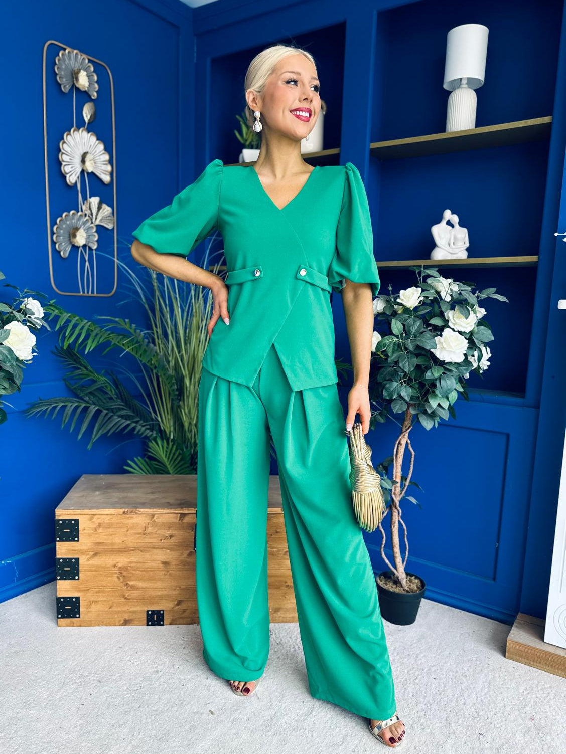 Clodagh Detailed Top And Trouser Set Emerald