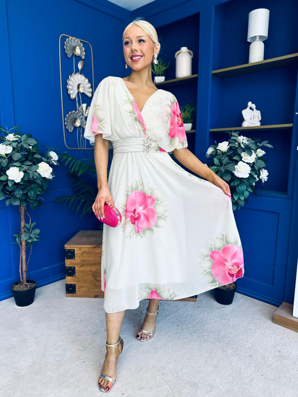 Julia Cape Detailed Midi Dress Floral Mint