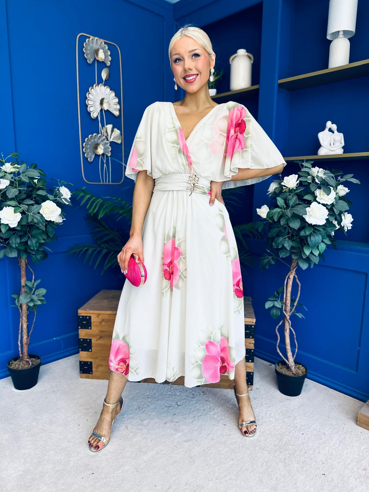 Julia Cape Detailed Midi Dress Floral Mint