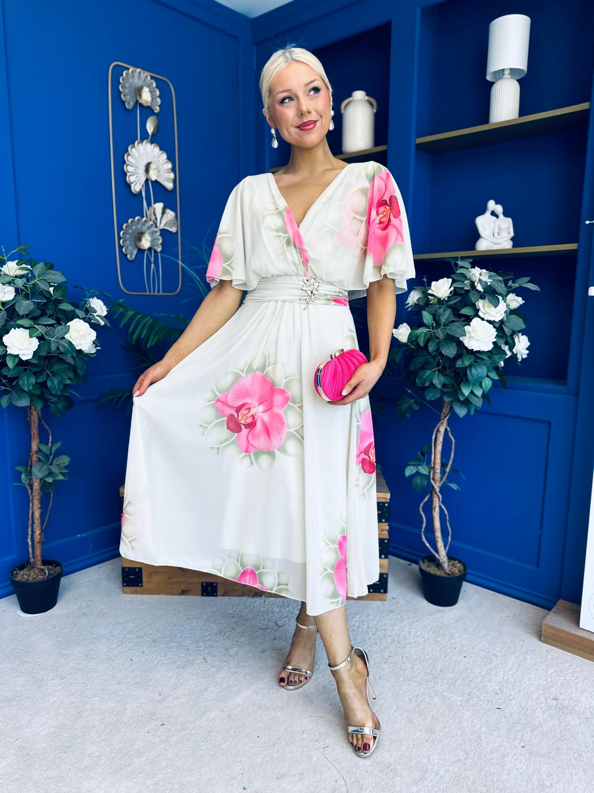 Julia Cape Detailed Midi Dress Floral Mint