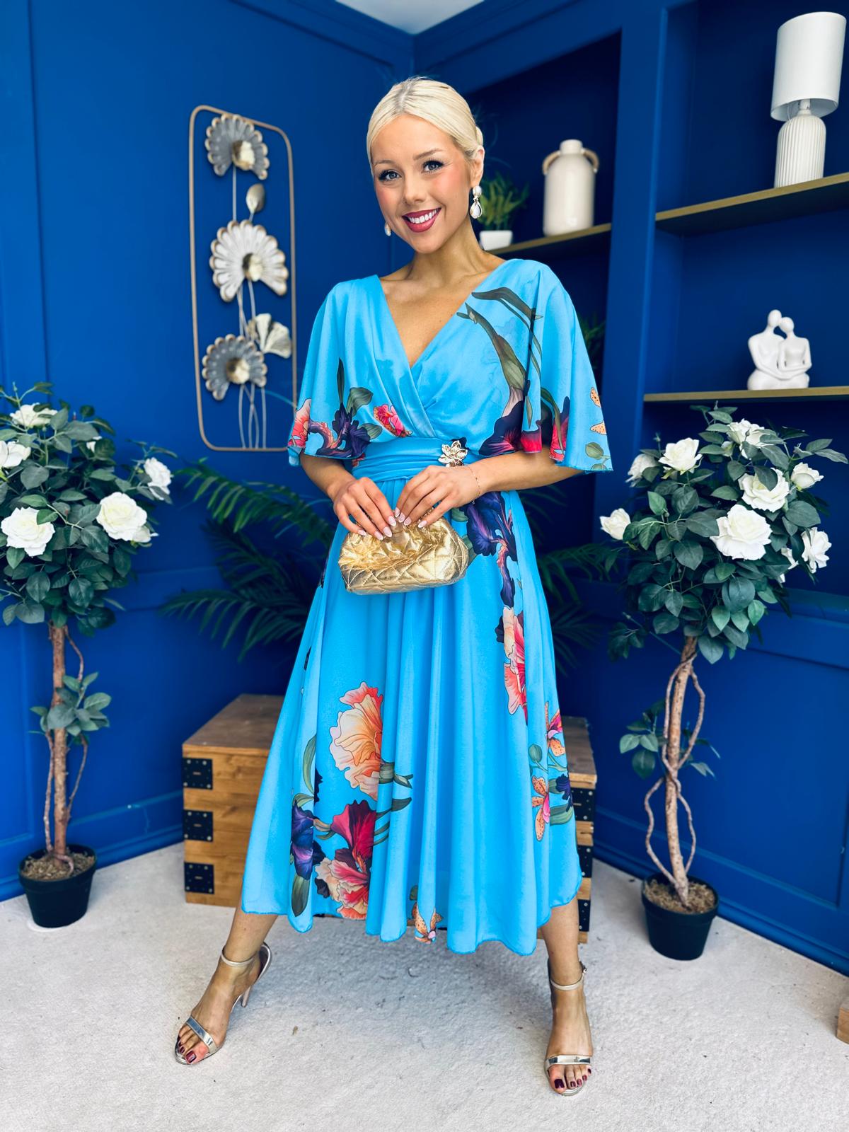 Julia Cape Detailed Midi Dress Floral Blue