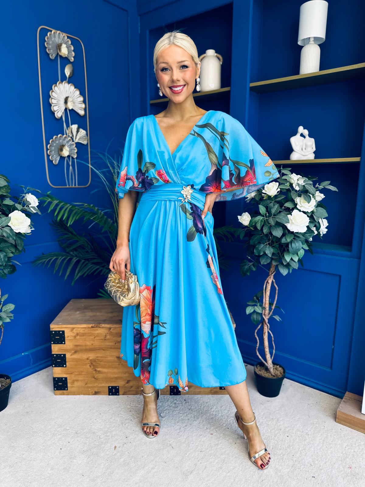 Julia Cape Detailed Midi Dress Floral Blue