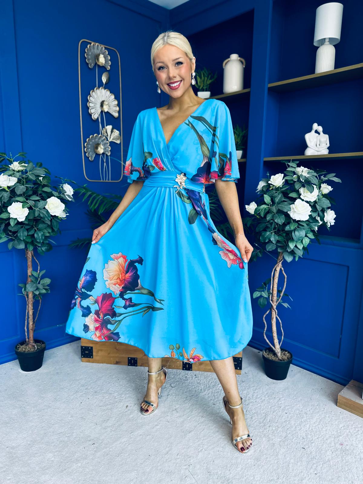 Julia Cape Detailed Midi Dress Floral Blue
