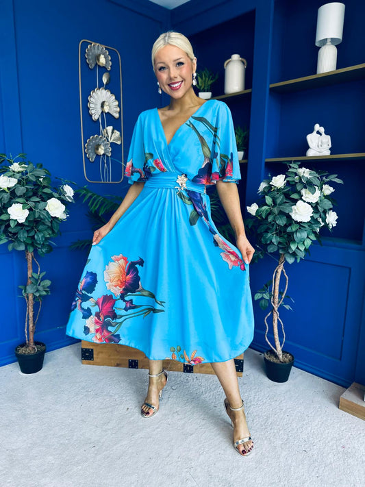 Julia Cape Detailed Midi Dress Floral Blue