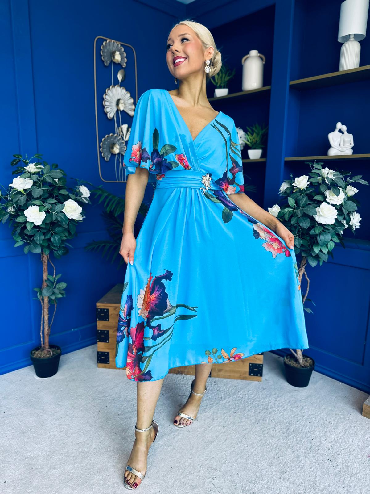 Julia Cape Detailed Midi Dress Floral Blue