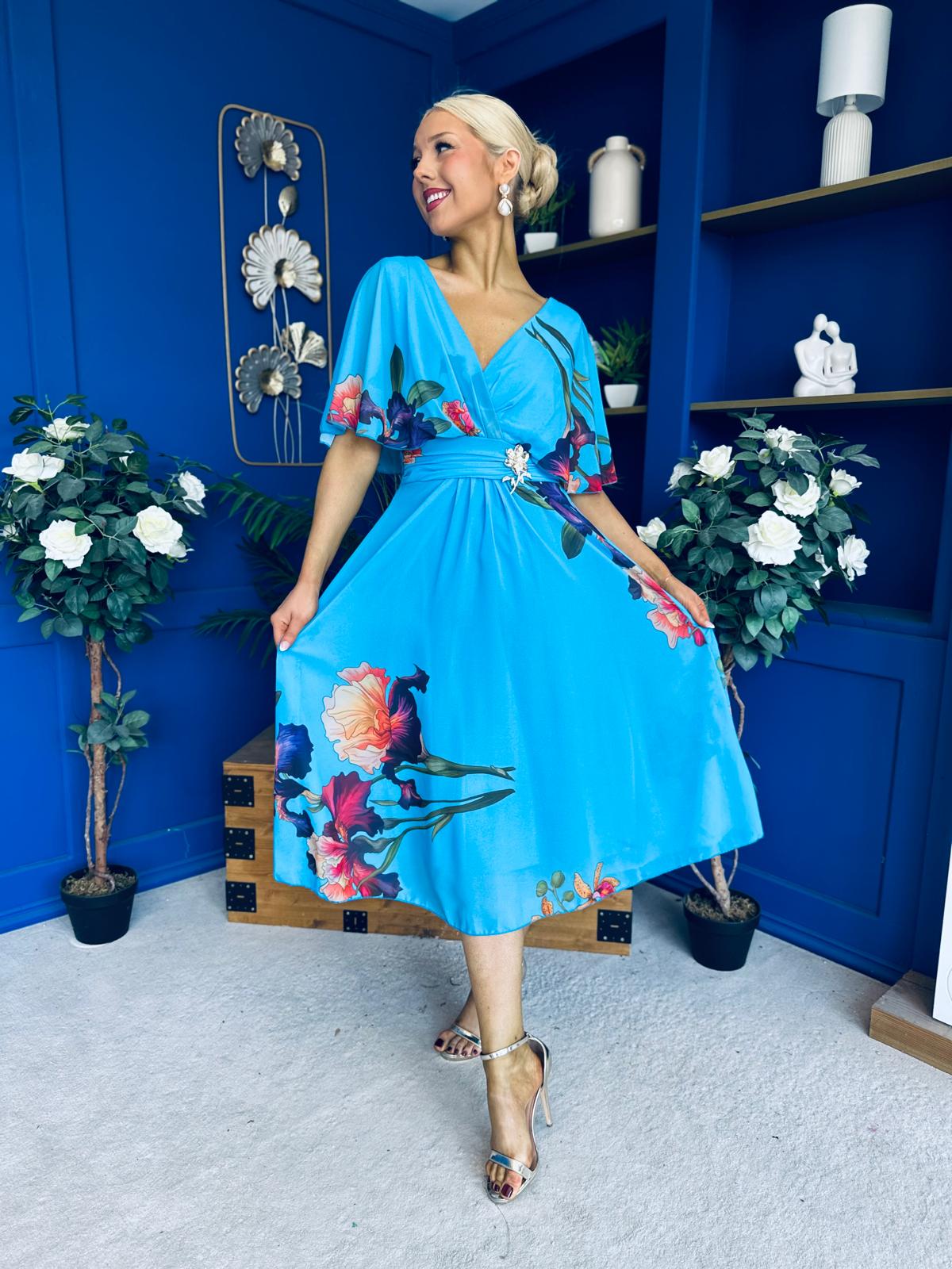 Julia Cape Detailed Midi Dress Floral Blue