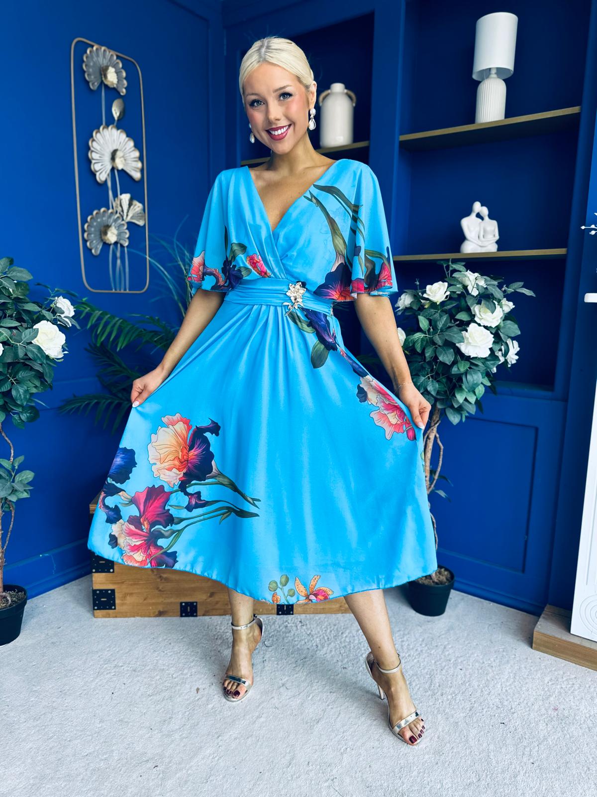 Julia Cape Detailed Midi Dress Floral Blue