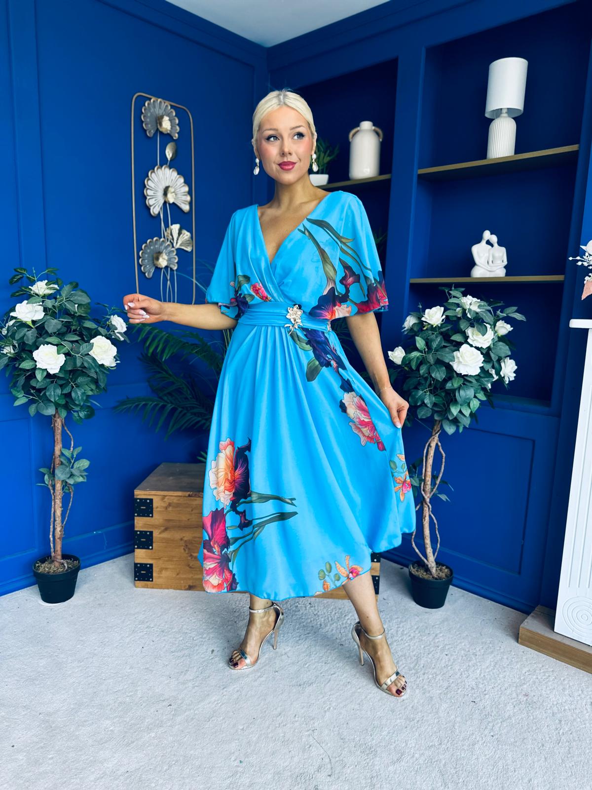 Julia Cape Detailed Midi Dress Floral Blue