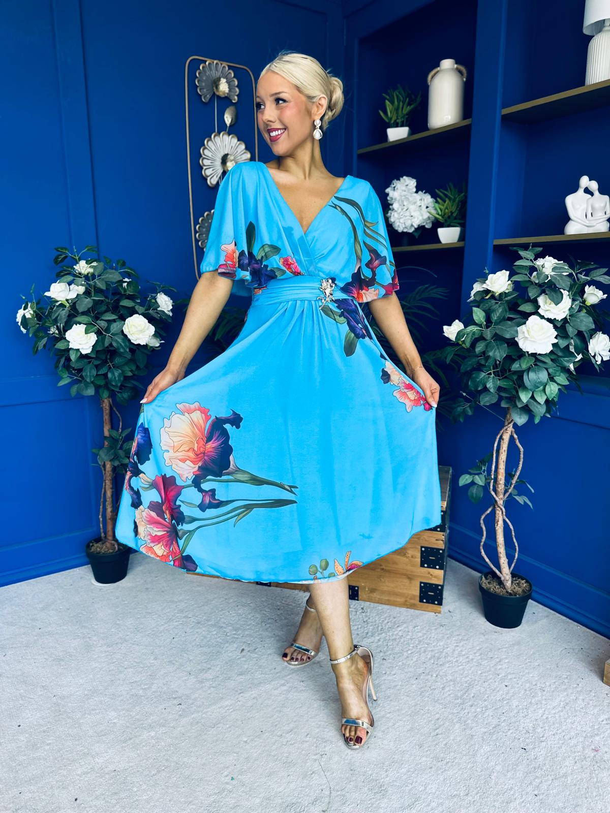 Julia Cape Detailed Midi Dress Floral Blue