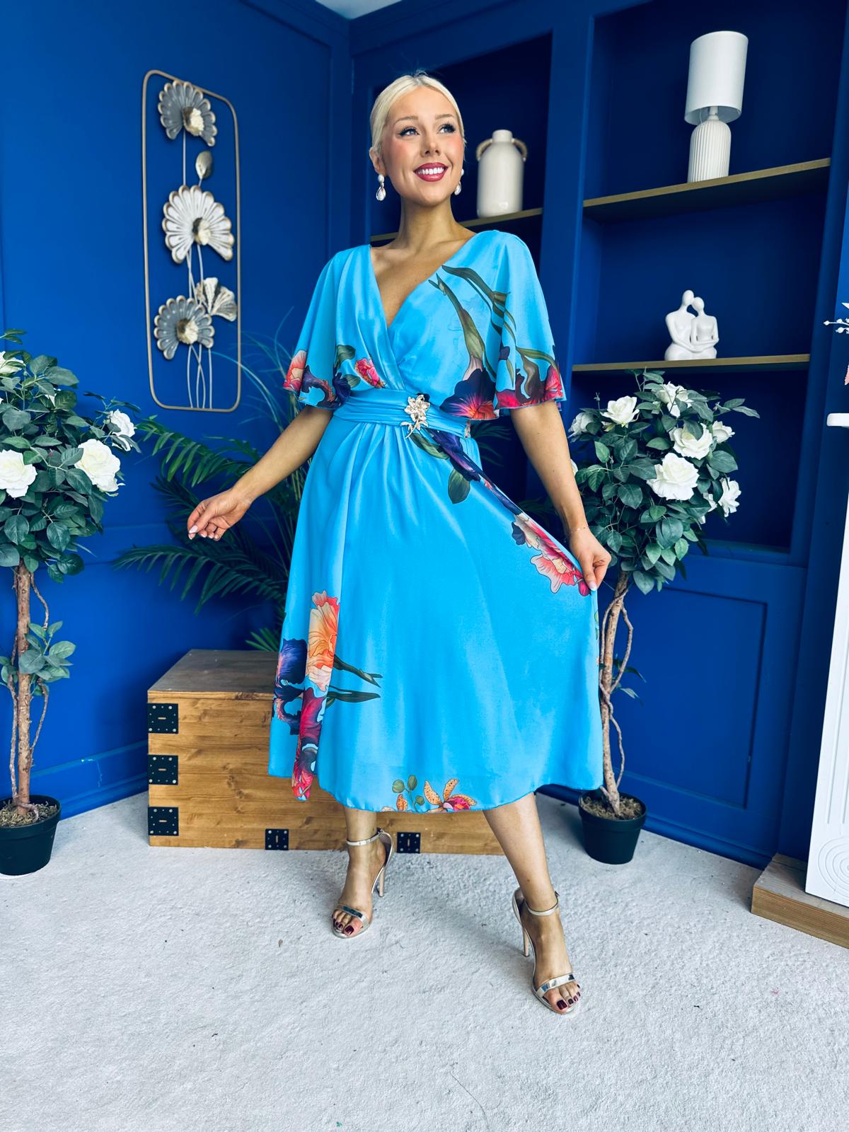 Julia Cape Detailed Midi Dress Floral Blue