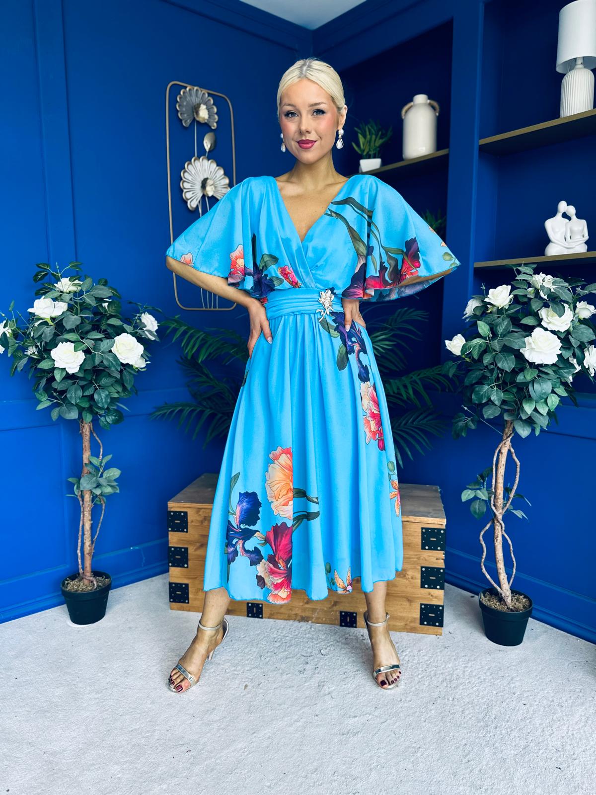 Julia Cape Detailed Midi Dress Floral Blue