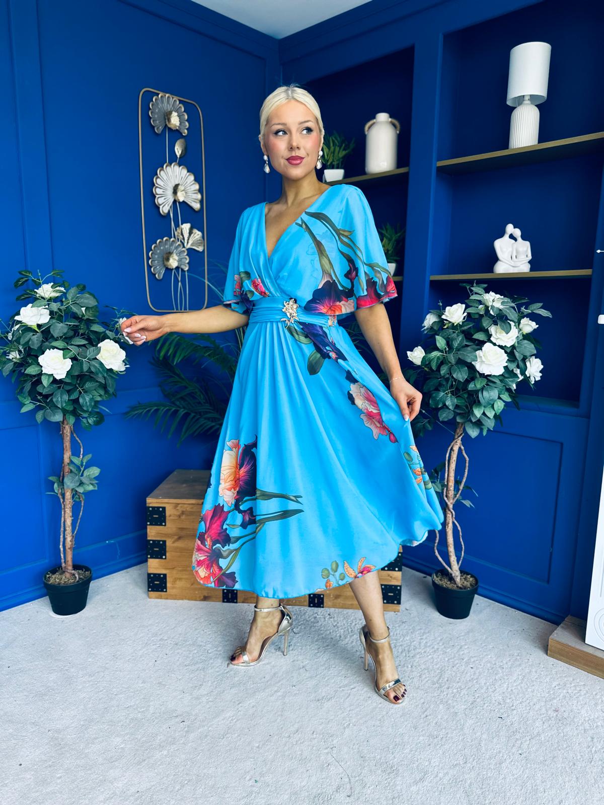 Julia Cape Detailed Midi Dress Floral Blue