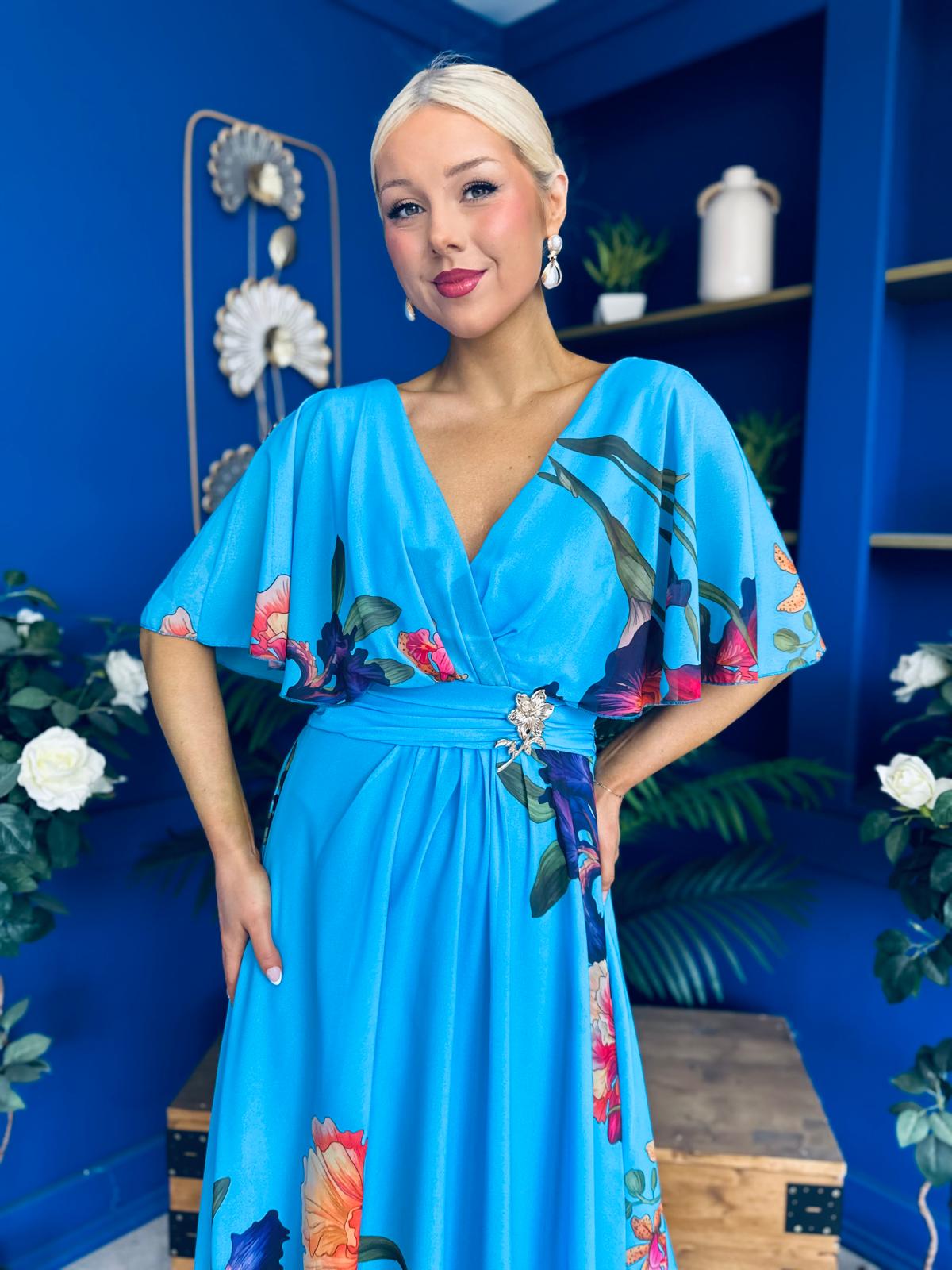 Julia Cape Detailed Midi Dress Floral Blue