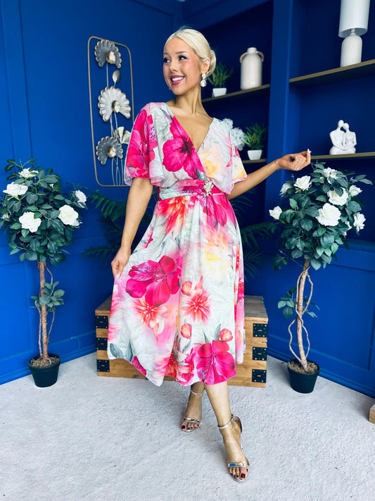 Julia Cape Detailed Midi Dress Green Floral