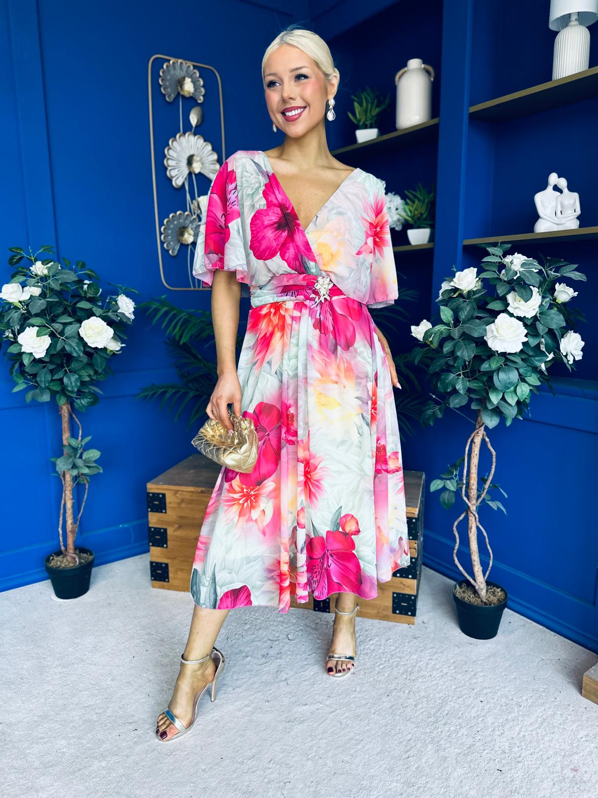 Julia Cape Detailed Midi Dress Green Floral