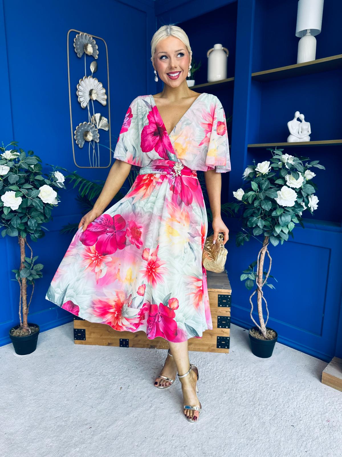Julia Cape Detailed Midi Dress Green Floral