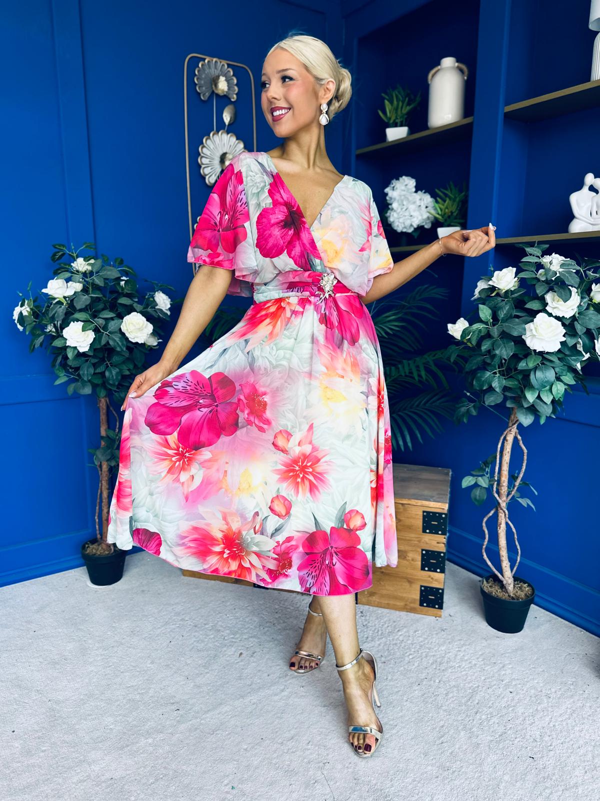 Julia Cape Detailed Midi Dress Green Floral