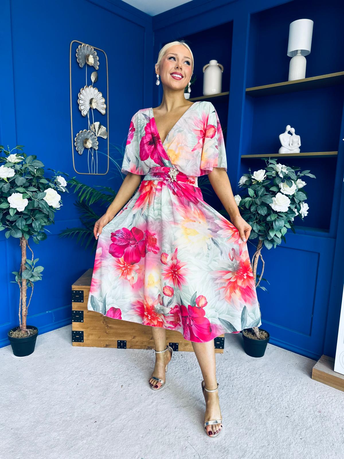 Julia Cape Detailed Midi Dress Green Floral