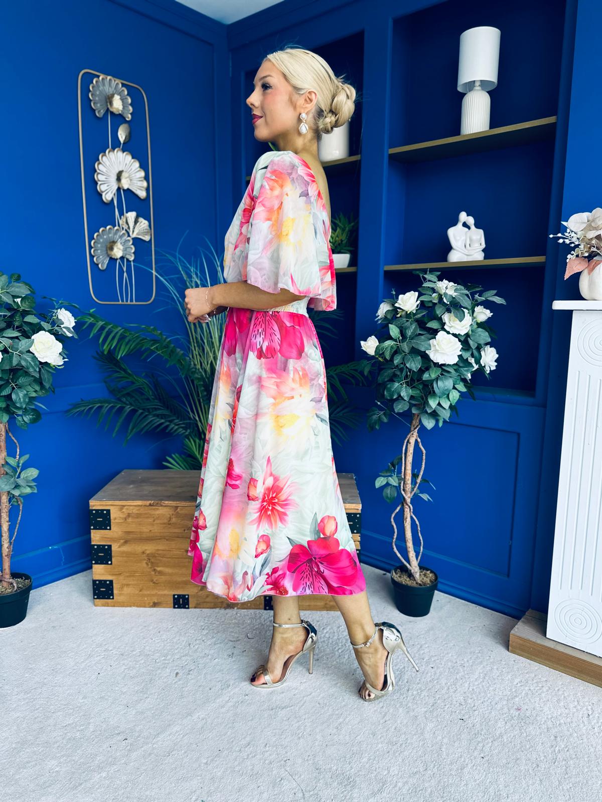 Julia Cape Detailed Midi Dress Green Floral