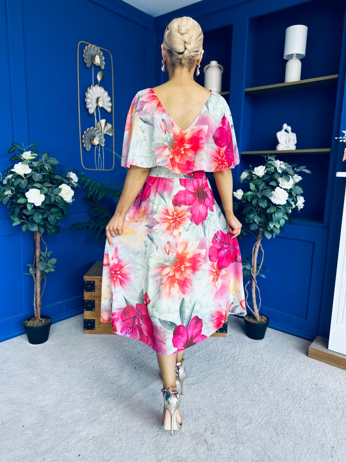 Julia Cape Detailed Midi Dress Green Floral