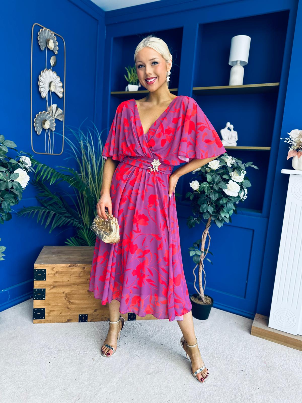 Julia Cape Detailed Midi Dress Floral Purple