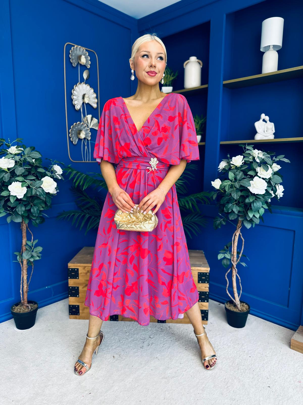 Julia Cape Detailed Midi Dress Floral Purple