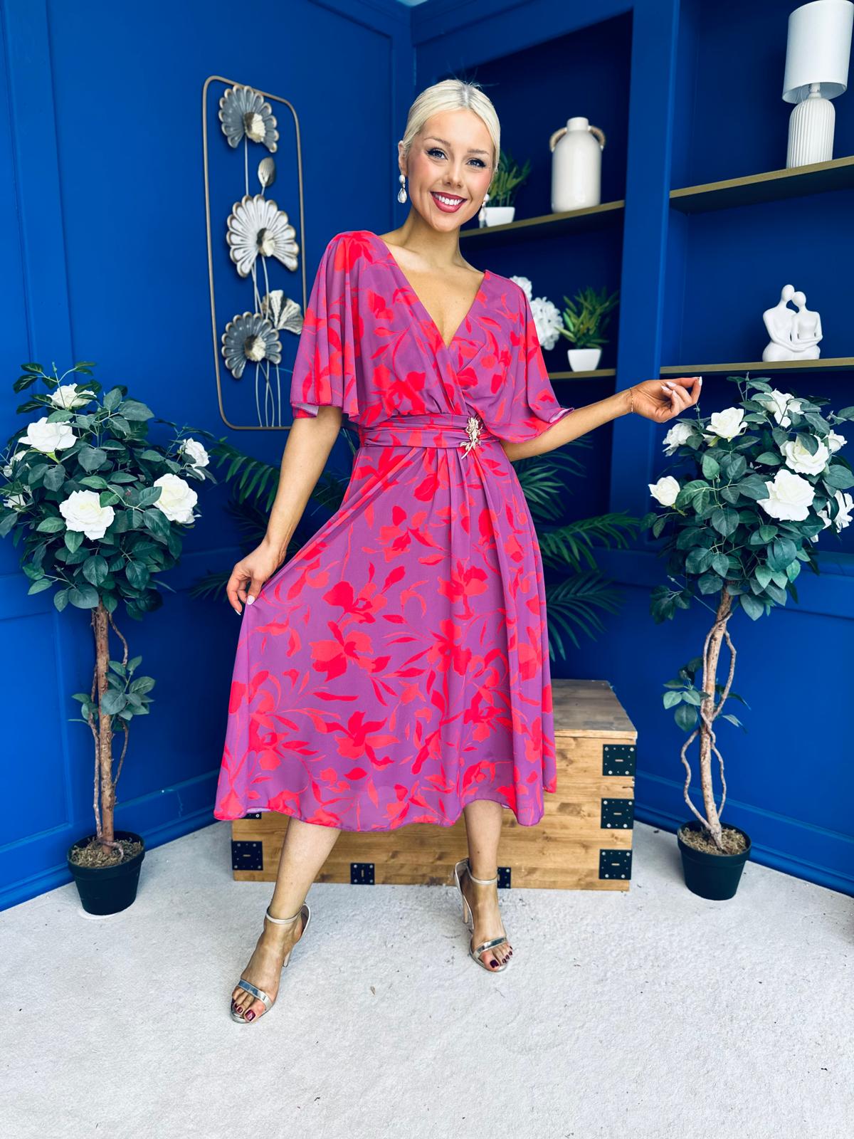 Julia Cape Detailed Midi Dress Floral Purple