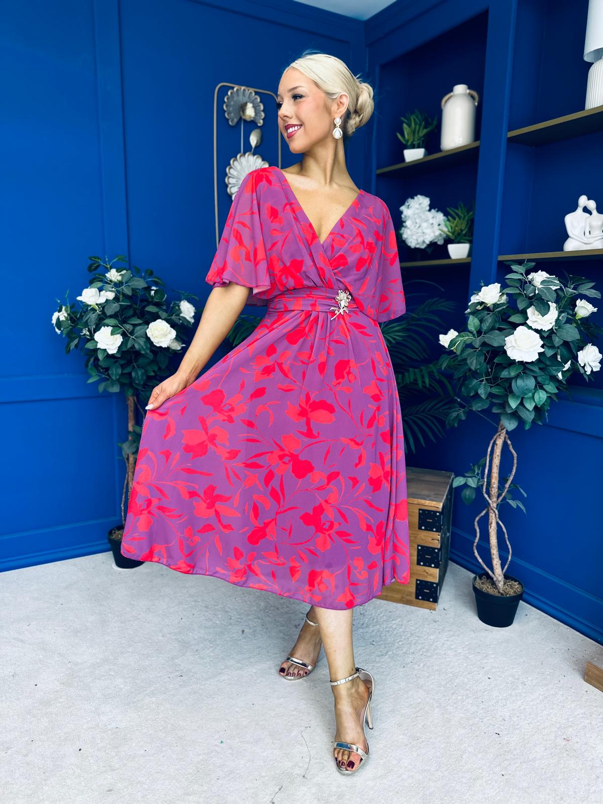 Julia Cape Detailed Midi Dress Floral Purple