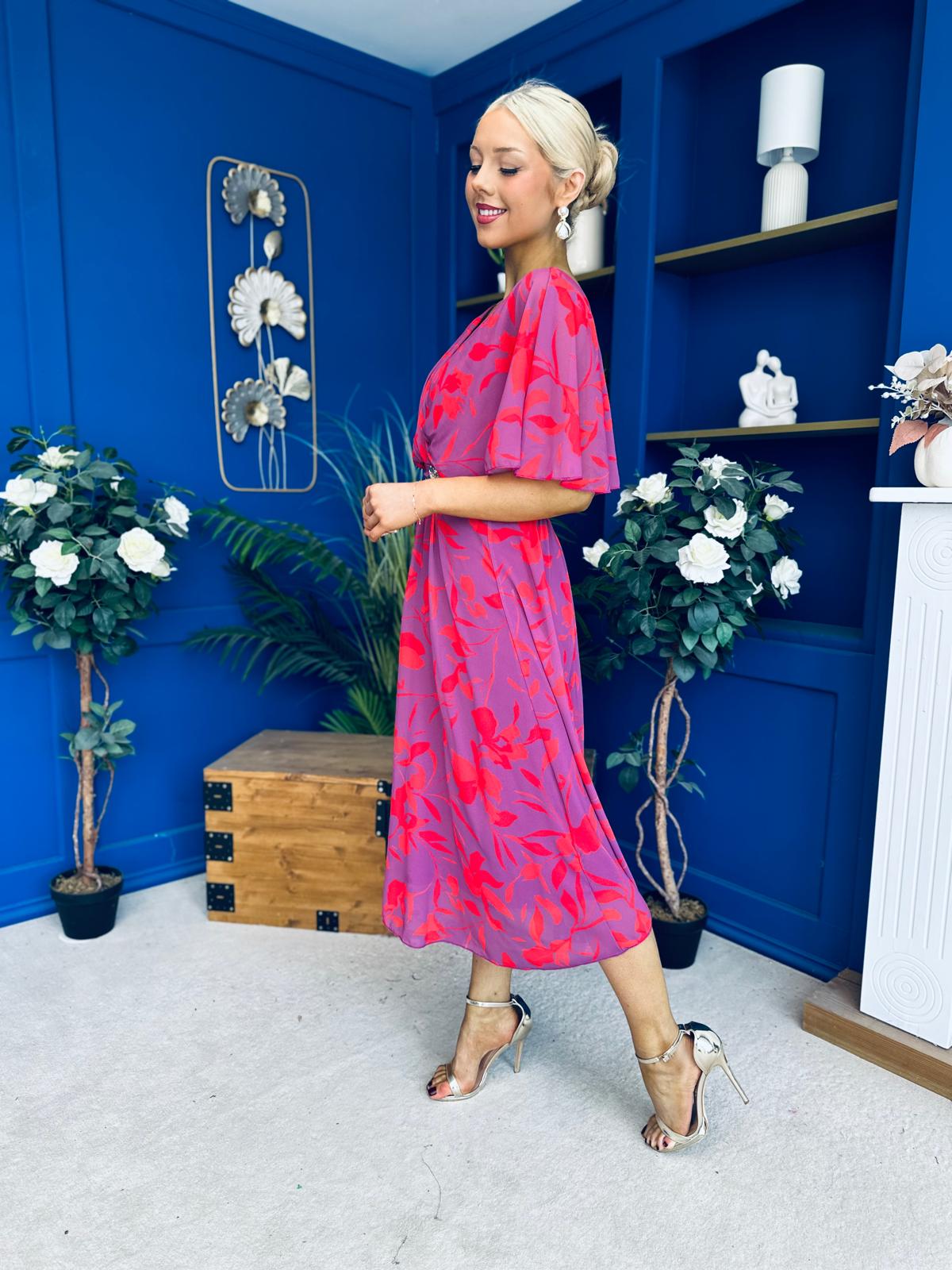 Julia Cape Detailed Midi Dress Floral Purple