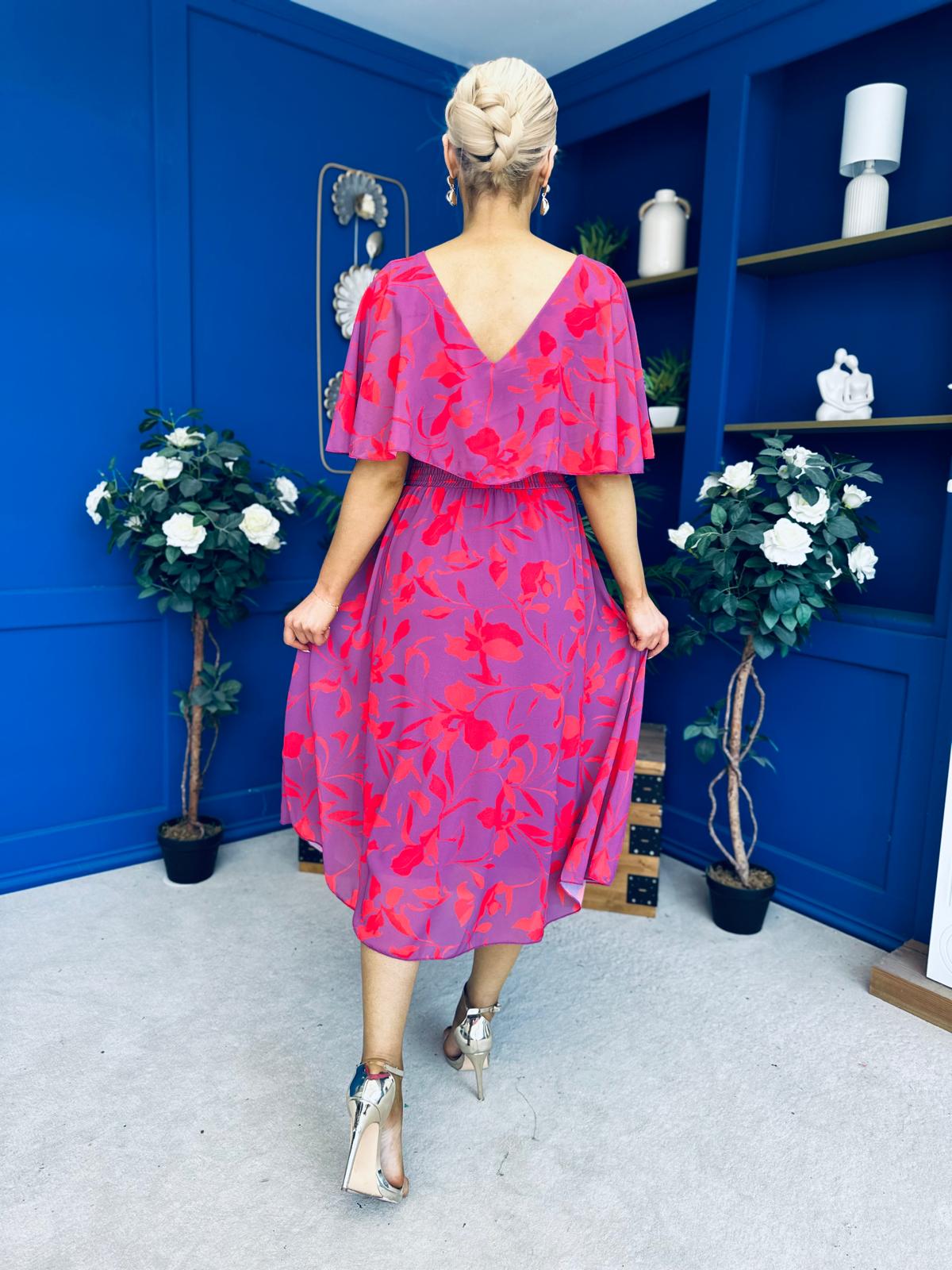 Julia Cape Detailed Midi Dress Floral Purple