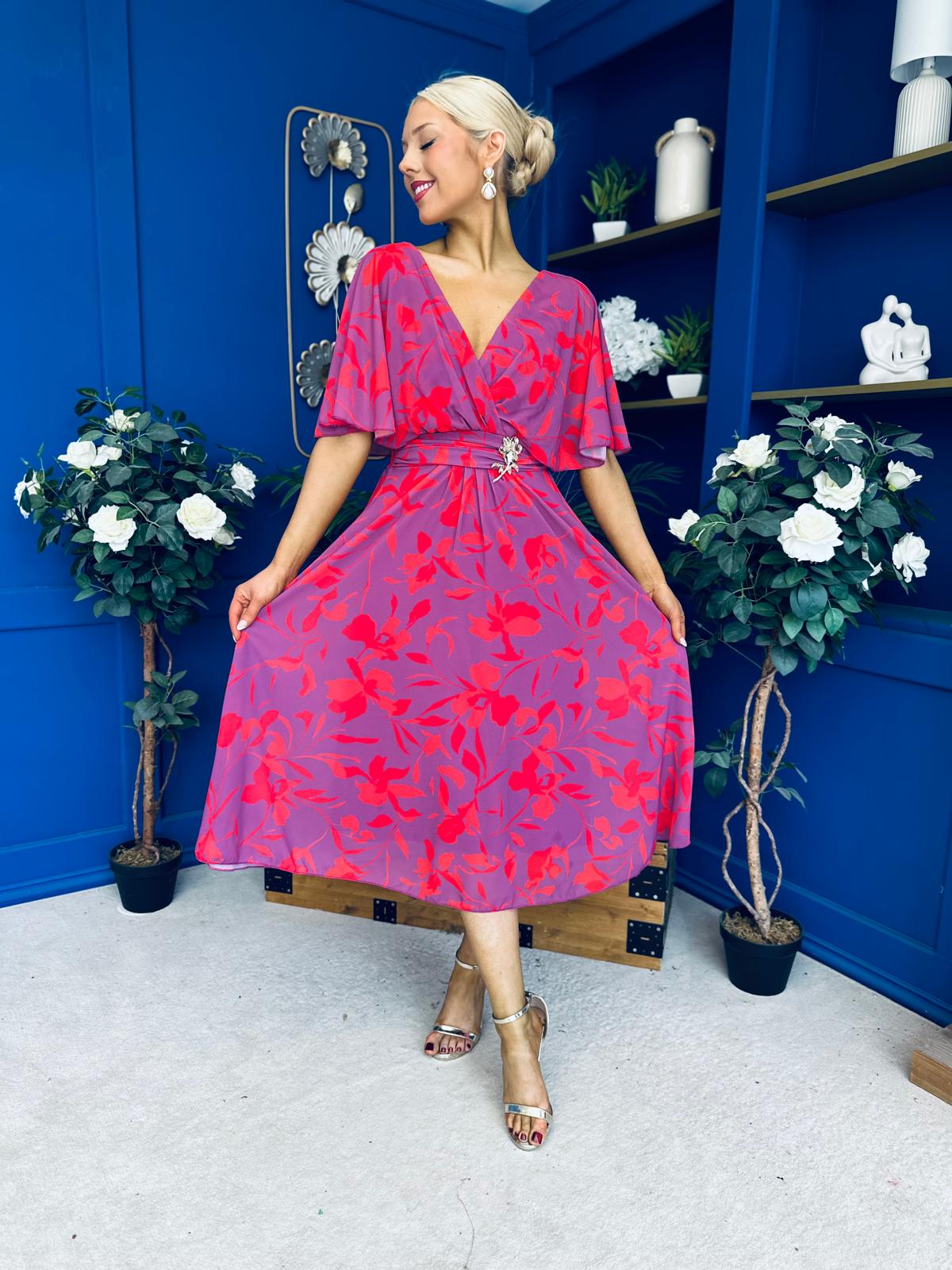 Julia Cape Detailed Midi Dress Floral Purple